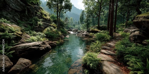 Mysterious Jungle Creek in Lush Rainforest