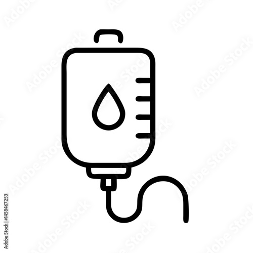  IV drip, blood bag icon in black outline. Healthcare, hospital, emergency care