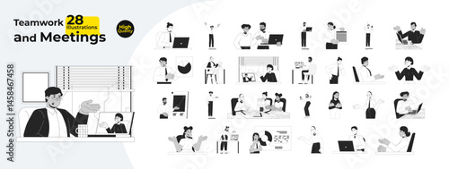 Corporate life outline illustrations mega bundle. Workplace communication. Remote teamwork. Professional talk. Diverse employees 2D linear images isolated. Collection black and white vector drawings
