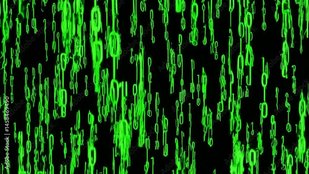 Dive into a captivating visual journey where glowing green streams cascade down against a dark background, creating a mesmerizing digital rain effect.