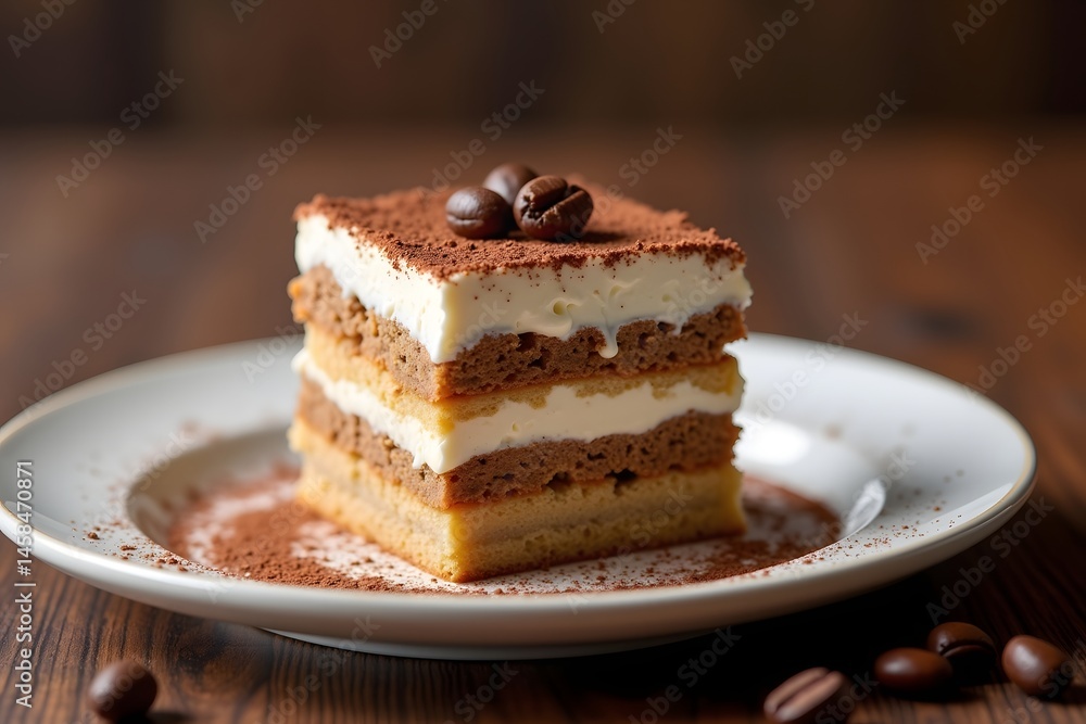 Delicious slice of tiramisu cake served on a white plate with coffee beans decoration Delicious slice of tiramisu cake served on a white plate with coffee beans decoration