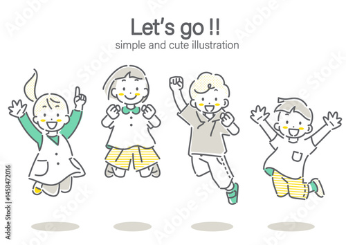 未来へジャンプする子供たち　シンプルでかわいい線画イラスト