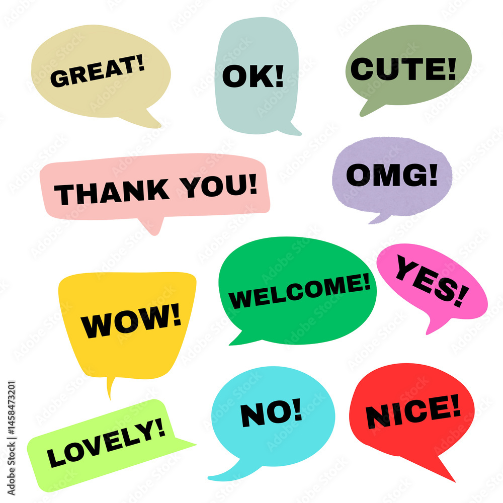 Set of Speech bubbles icons, set of speech bubbles with small words like yes, no, wow, nice, cute, ok, lovely, thank you, welcome, Set of Speech bubbles icons, set of speech bubbles with small words like yes, no, wow, nice, cute, ok, lovely, thank you, welcome,