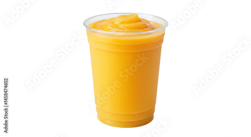 Refreshing Mango Smoothie in Clear Plastic Cup on Transparent Background.