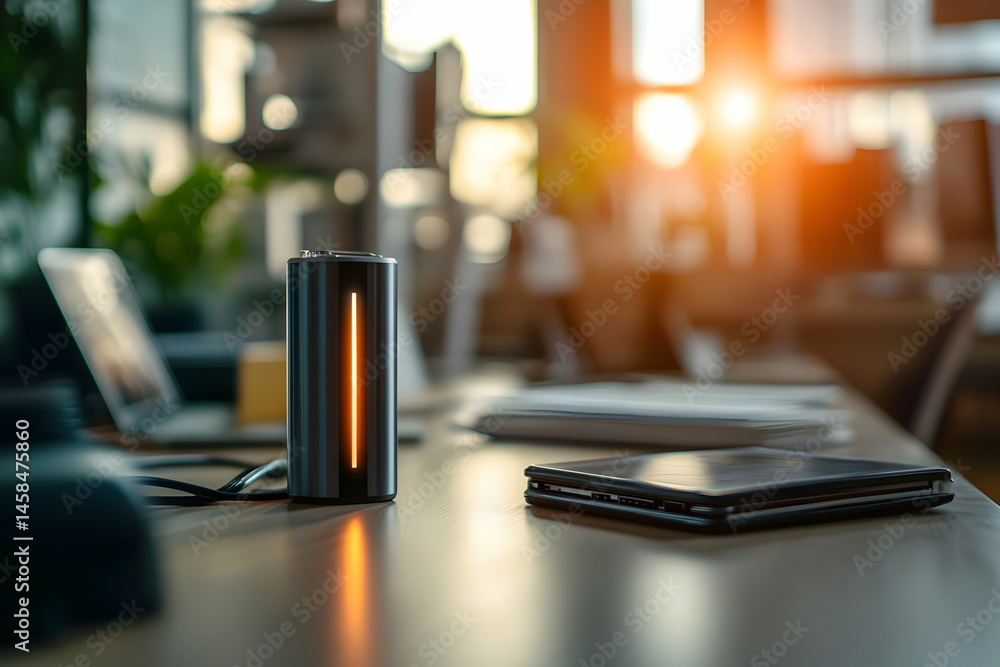 A small electronic device sits on a desk in a blurred office setting. A small electronic device sits on a desk in a blurred office setting.