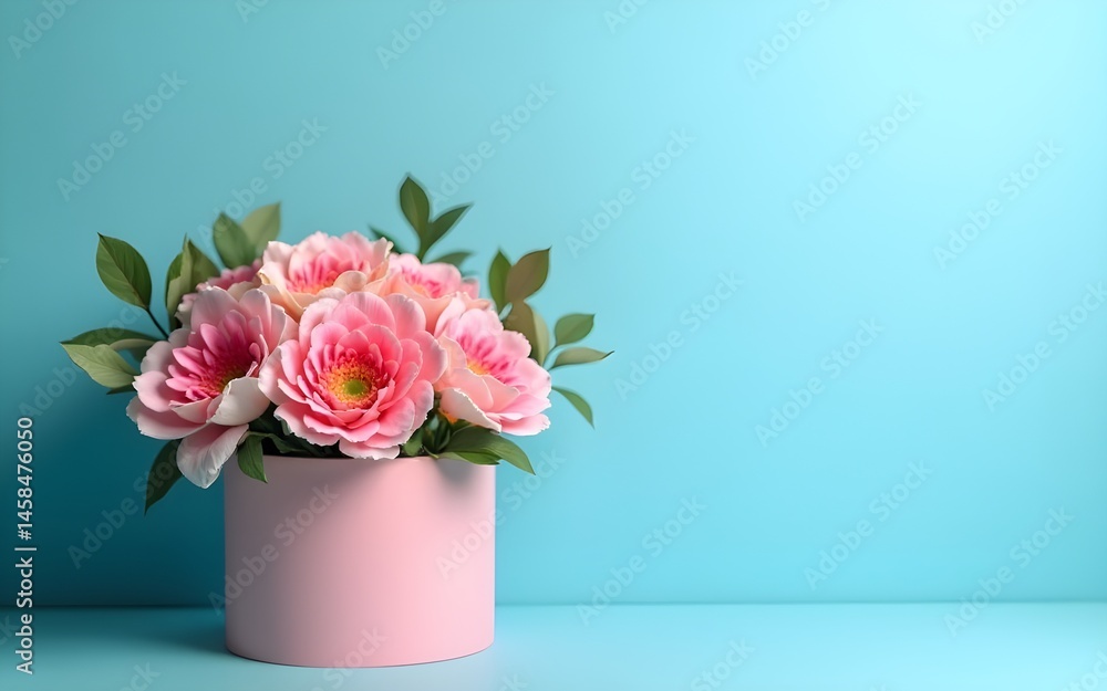 Mothers Day flowers in gift box on blue background, copy space . High quality Mothers Day flowers in gift box on blue background, copy space . High quality