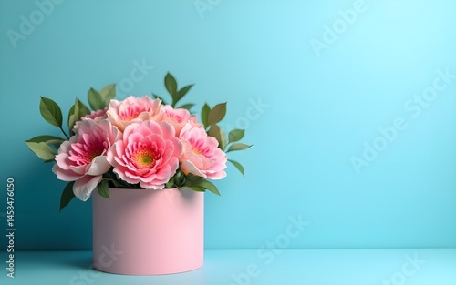 Wallpaper Mural Mothers Day flowers in gift box on blue background, copy space . High quality Torontodigital.ca