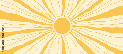 Sun summer pattern, retro ray background, burst sunshine wave line art, abstract groovy texture, radial vintage sunburst, cartoon yellow boho beam. Light geometric psychedelic bg. Vector illustration
