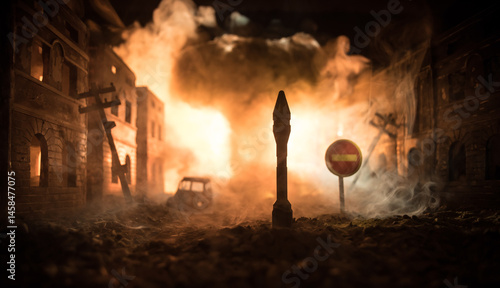 Nuclear war apocalypse concept. Explosion of nuclear bomb in city. City destroyed by atomic war. Creative artwork decoration in dark.