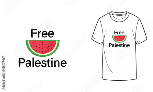 Free Palestine T-shirt design, watermelon with lettering Free Palestine in grunge style, vector illustration.