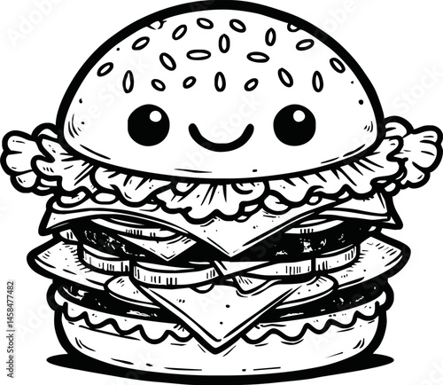 Cute Burger Isolated Line Art Vector Outline Illustration Black and White