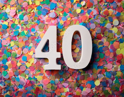 Number 40 with confetti. Photo for fortieth birthday or anniversary party