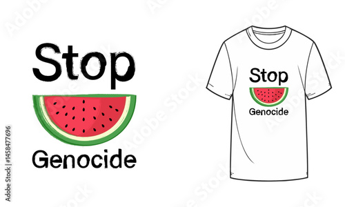 Stop Genocide T-shirt design, watermelon with lettering Stop Genocide in grunge style, vector illustration.