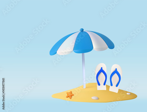 3d Beach blue Umbrella and Flip Flops on Sand