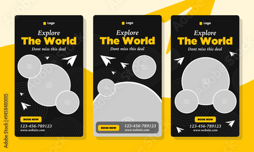 Travel social media stories template with photo placeholders collection, bundle of potrait banner for travel or tourism