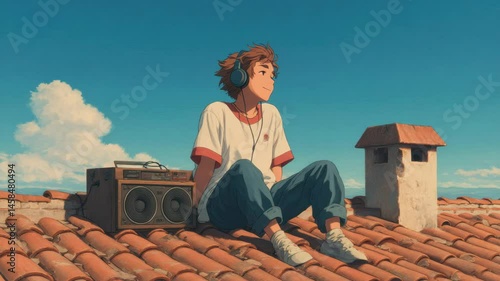 Anime Boy Enjoys Lo-Fi Music on Rooftop with Portable Radio and Headphones