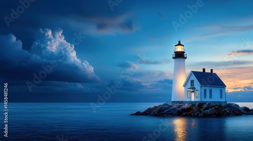 Tranquil lighthouse at dusk surrounded by calm waters and dramatic clouds.