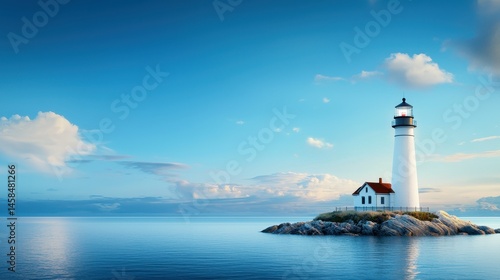 A serene coastal lighthouse stands tall against a tranquil sea backdrop.