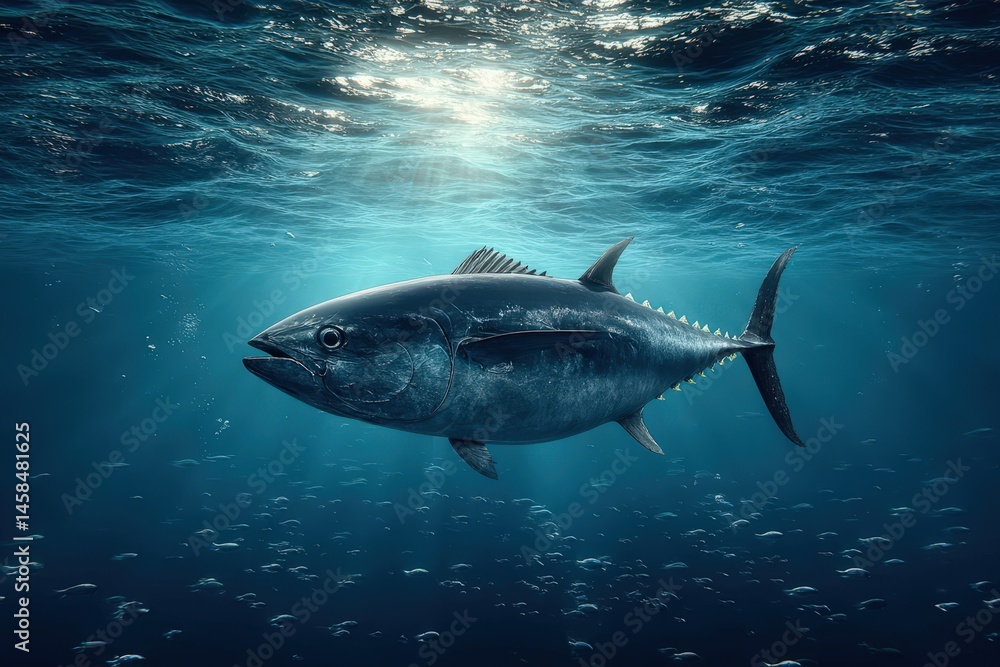 Fototapeta premium A vibrant bluefin tuna gliding gracefully through the shimmering ocean depths surrounded by light beams and schools of small fish depicting marine beauty and biodiversity