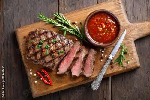 Sliced grilled steak lying on wooden cutting board with spicy tomato sauce and rosemary