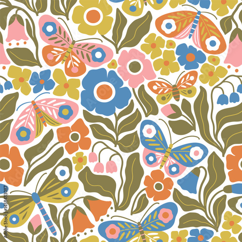 Seamless vector pattern with hand drawn butterfly, dragonfly on floral background. Modern boho floral illustration. Perfect for textile, wallpaper or nursery print design. EPS10 vector file.