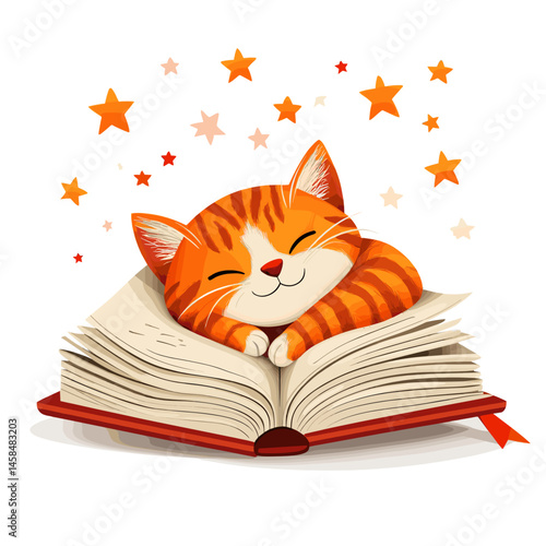 Cartoon vector illustration of a smiling kitten curled up in an open book with whimsical stars on white background