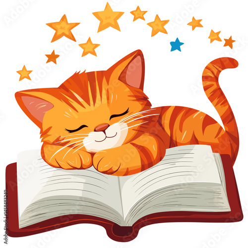 Cartoon vector illustration of a smiling kitten curled up in an open book with whimsical stars on white background
