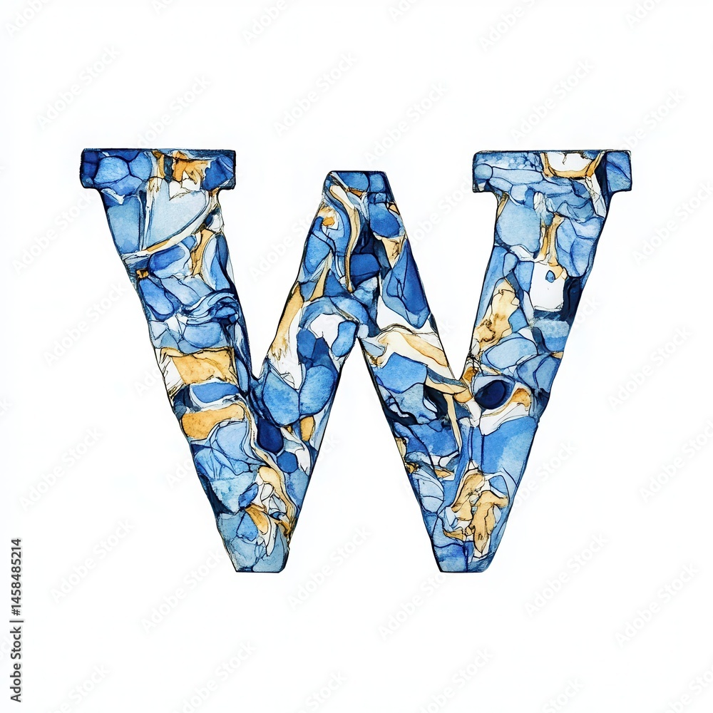 Colorful abstract letter 'W' with blue and gold marbling design on a white background Colorful abstract letter 'W' with blue and gold marbling design on a white background
