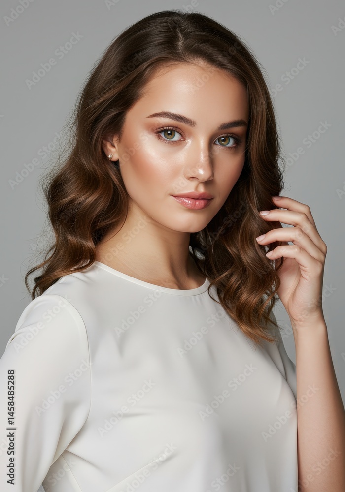 Fototapeta premium Studio Portrait of Woman With Loose Curls in White Blouse