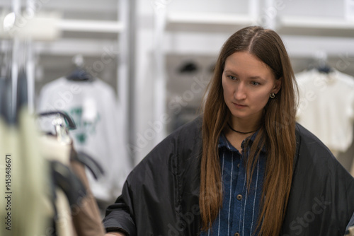 Obraz na płótnie Young stylish woman choosing clothes, shopping in a fashion store, standing near clothes rack, examining garment, making purchasing decision w salonie