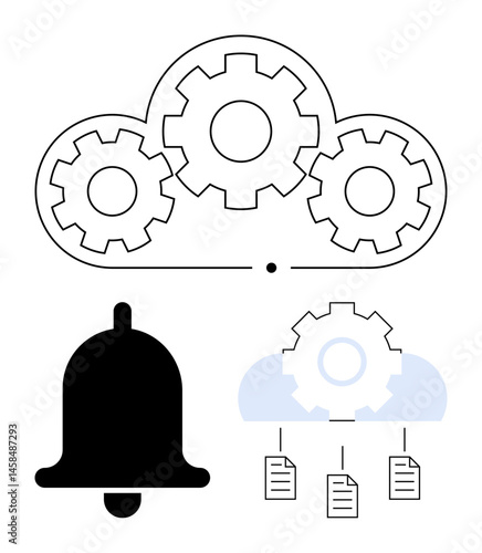 Cloud with gears symbolizing automation, bell for notifications, and files syncing below. Ideal for cloud computing, automation, notifications, data sync, SaaS, file management flat simple metaphor
