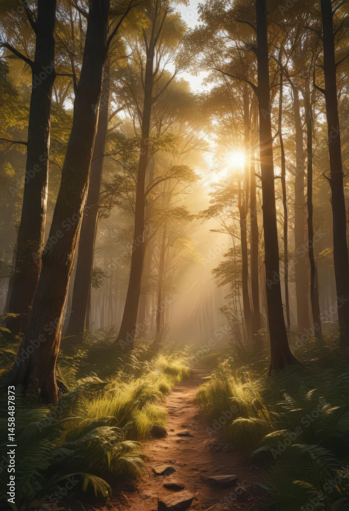 Fototapeta premium Golden hour sunlight streams through dense forest, creating a breathtaking view , sun rays, trees, environment