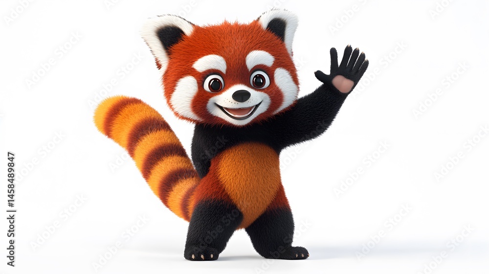 Fototapeta premium Smiling, animated red panda character waving.