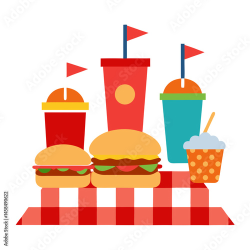 Picnic Scene with Burgers, Hotdogs, and Festive Items for Outdoor Events