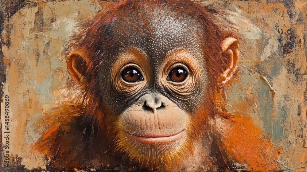 Fototapeta premium Portrait of an Adorable Baby Orangutan: A Captivating Artwork