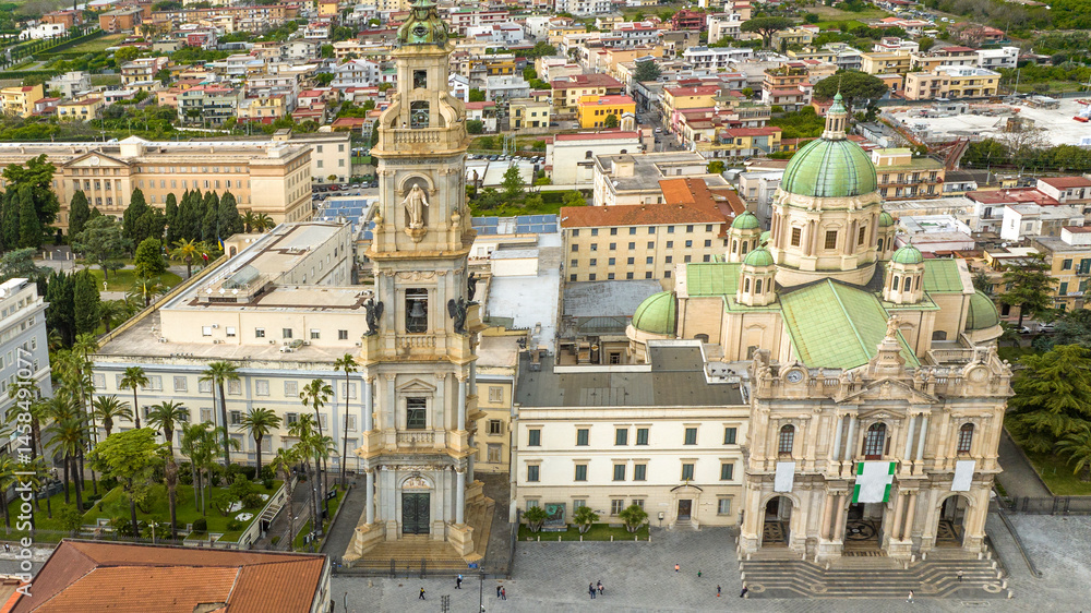 Aerial view of the Pontifical Shrine of the Blessed Virgin of the Rosary of Pompeii. It is a Catholic cathedral, Marian pontifical shrine, and Pontifical minor basilica located in Campania, Italy.