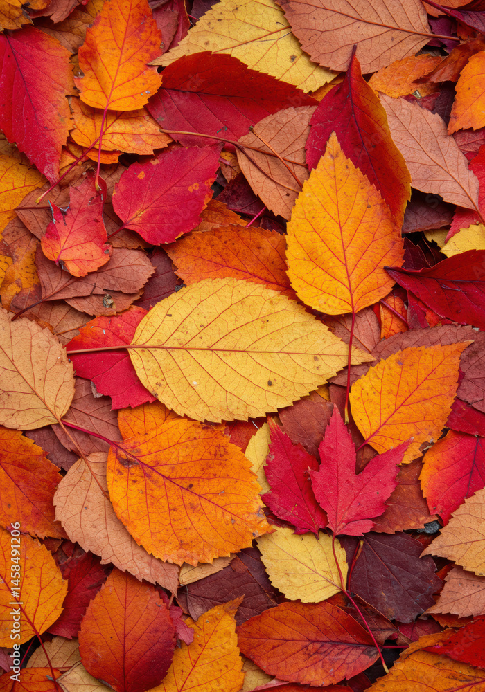 Fototapeta premium Vibrant autumn leaves in shades of red, yellow, and orange create a warm and colorful display.