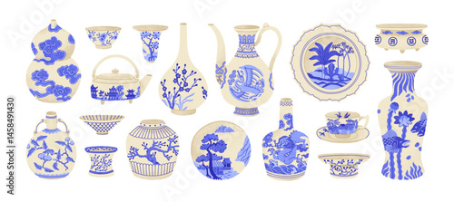 Chinese ceramics, China pottery set. Vintage oriental porcelain with traditional blue paintings, patterns. Old chinaware, vase, plate, cup. Flat vector illustration isolated on white background