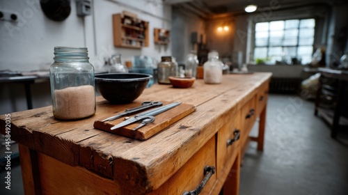 Rustic wooden worktable with glass jars scissors and bowls in a vintage craft workshop or studio space