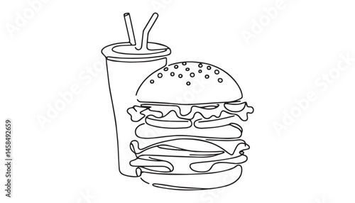 Continuous one single minimal line drawing hamburger