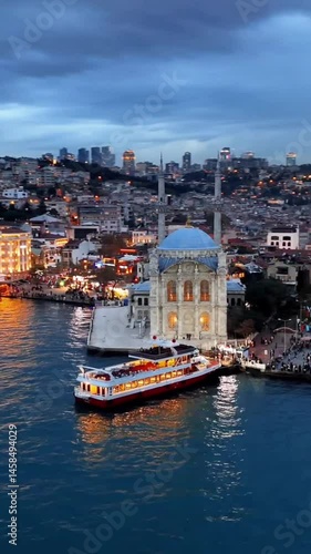 Evening View of Ortaköy Mosque and Bosphorus Ferry in Istanbul