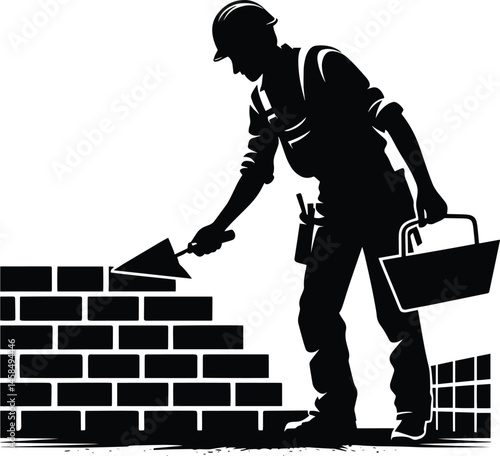Mason Construction Worker building wall silhouette Vector Illustration isolated on a white background