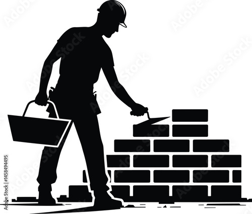 Mason Construction Worker building wall silhouette Vector Illustration isolated on a white background