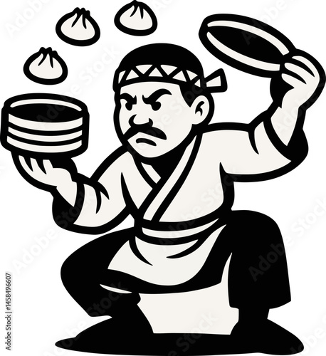 Cartoon Chef With Headband Fiercely Flipping Dumplings With Skill And Focused Culinary Artistry