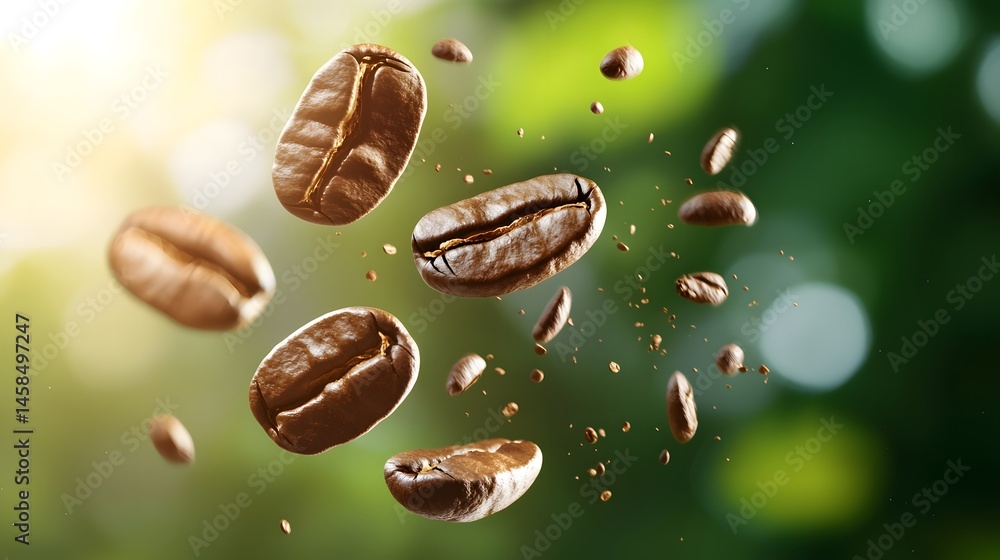 Fresh Coffee Beans Floating in Air with Blurred Green Nature Background Fresh Coffee Beans Floating in Air with Blurred Green Nature Background