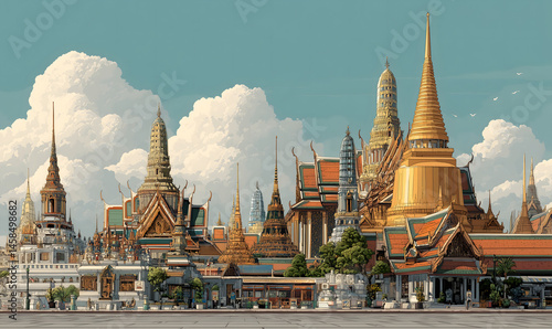 The Temple of the Emerald Buddha and the Grand Palace, Bangkok, Thailand in illustrations, presentation images, travel image ideas, tourism promotion, postcards, generative AI