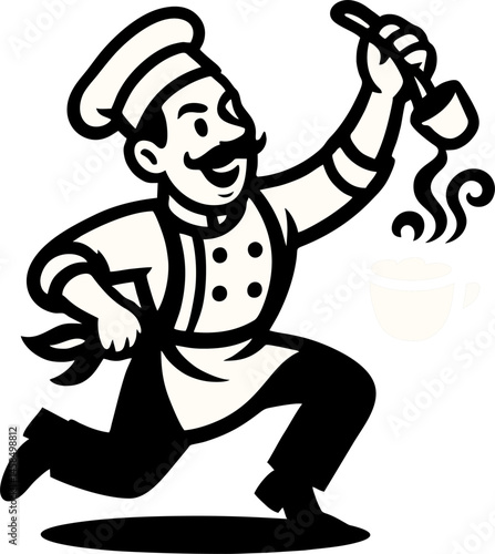 Chef Running With Ladle And Steam Cartoon Style Image Creating A Playful Energetic Vibe