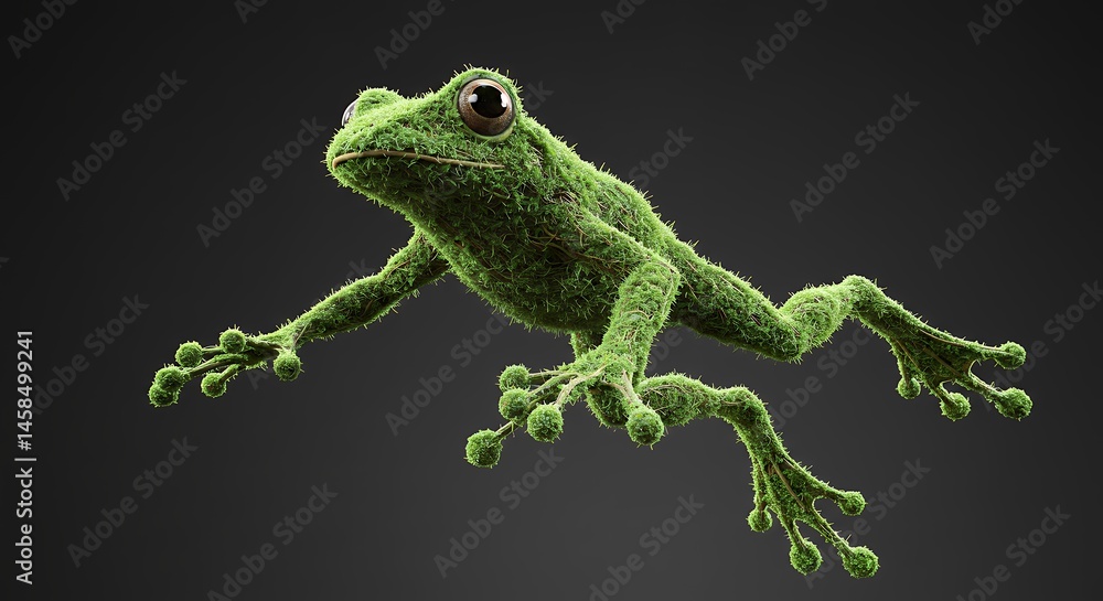Obraz premium Green Moss Frog Leaping on Dark Background