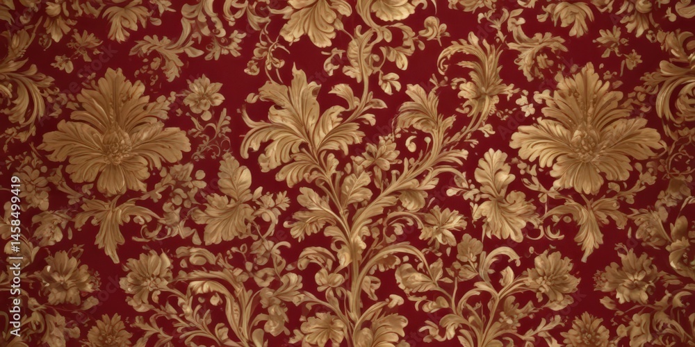 Intricate gold leaf floral damask on deep crimson, regal flourishes , floral, royal, embroidery Intricate gold leaf floral damask on deep crimson, regal flourishes , floral, royal, embroidery