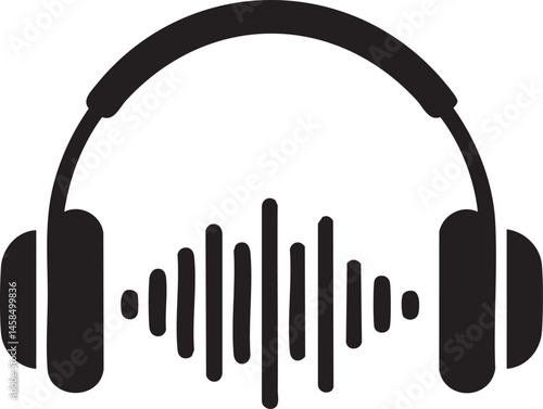Stylish black headphones with audio wave graphic.